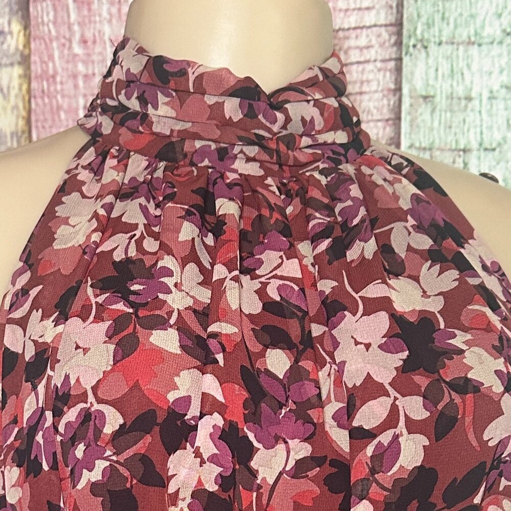 Just Taylor High Neck Ruffled Skirt Burgundy Floral Print Womens Size 6 Dress - Picture 4 of 10